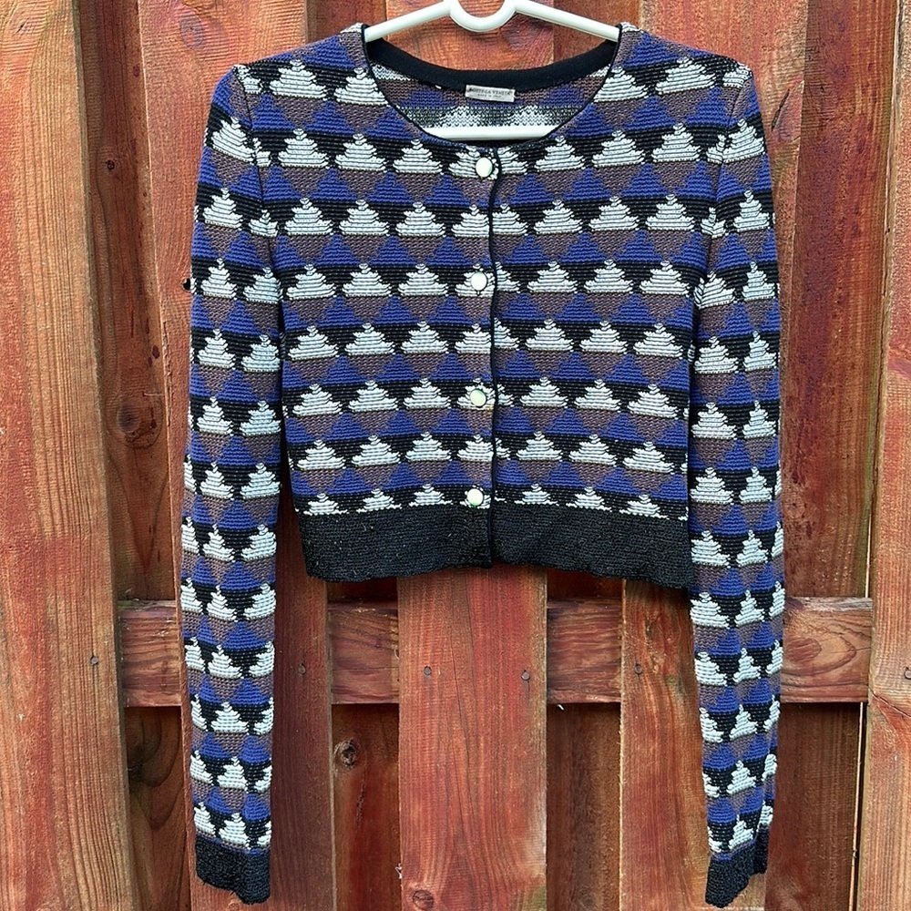 Bottega Veneta Geometric Knit Cropped Cardigan Jacket Size 40 Blue Multi